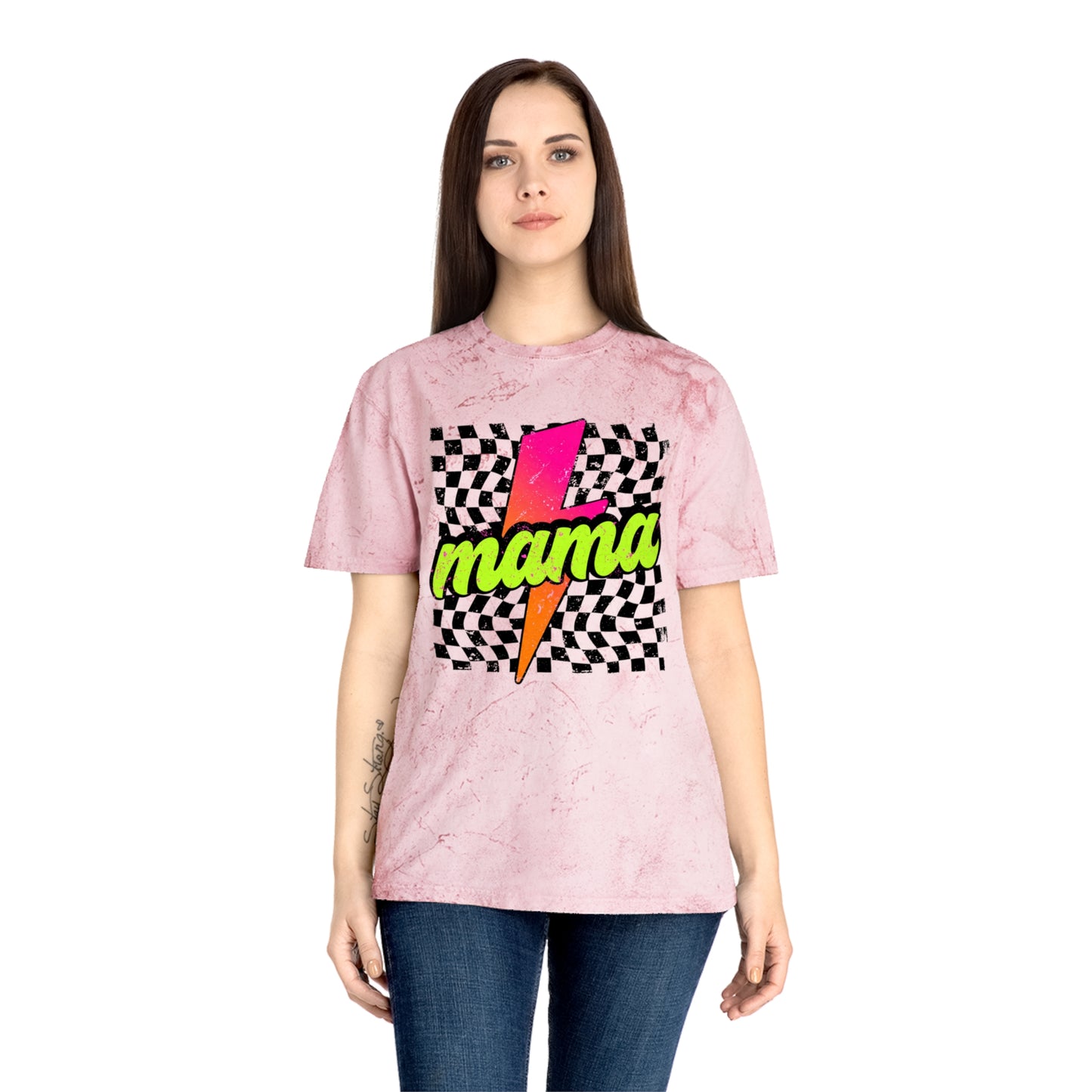 Mama Lightning Bolt T-Shirt — Retro Neon Checkered Graphic Tee