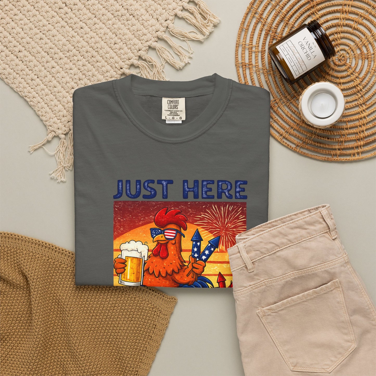 T-Shirt — "Just Here to Bang" Rooster Liberty BBQ Graphic Tee