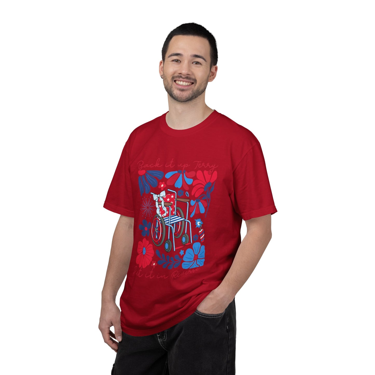 Fourth of July Beach Wheelchair T-Shirt — Patriotic Floral "Pack it up, Jerry" Tee