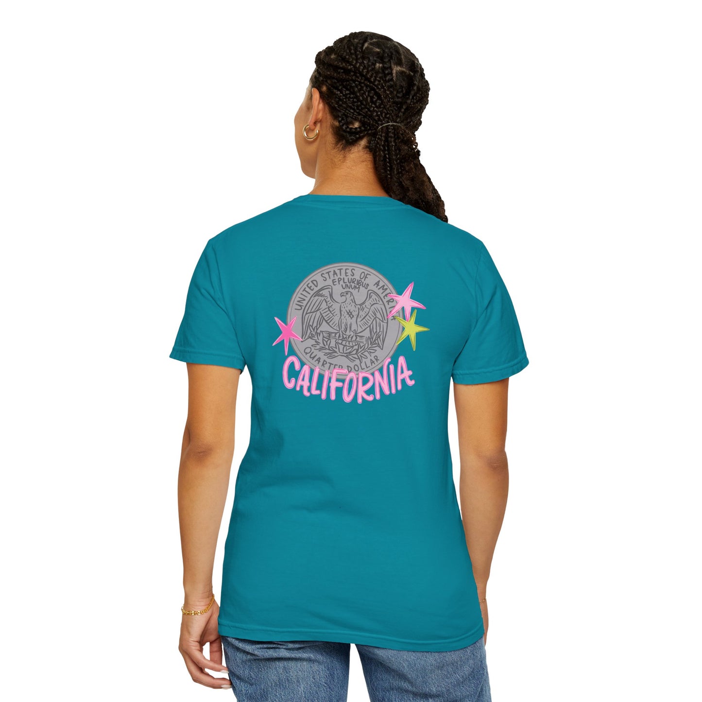 California Coin Graphic Tee — 'California' Retro Neon Stars T-Shirt