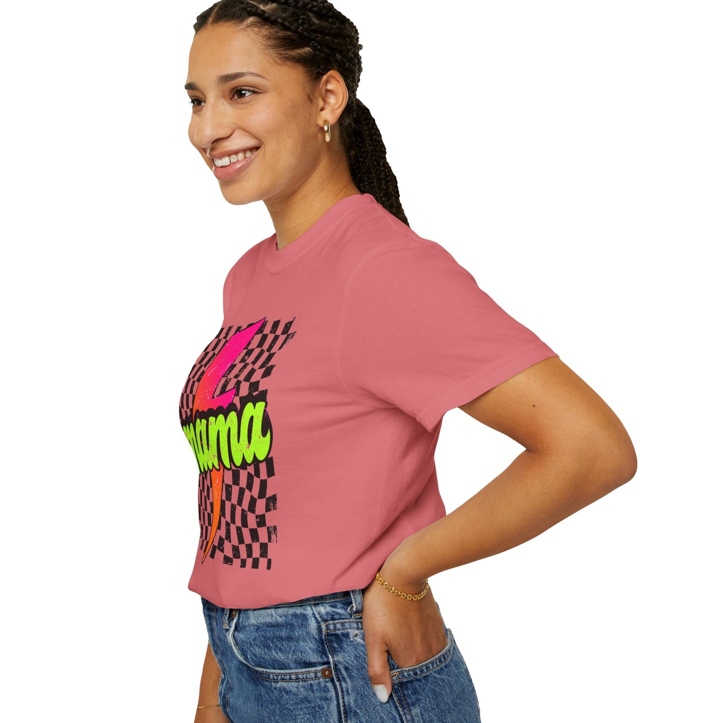 Mama Lightning Bolt T-Shirt — Retro Neon Checkered Graphic Tee for Moms