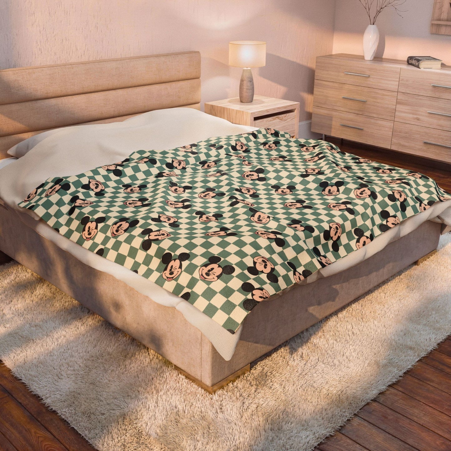 Mickey Checkered Velveteen Plush Blanket