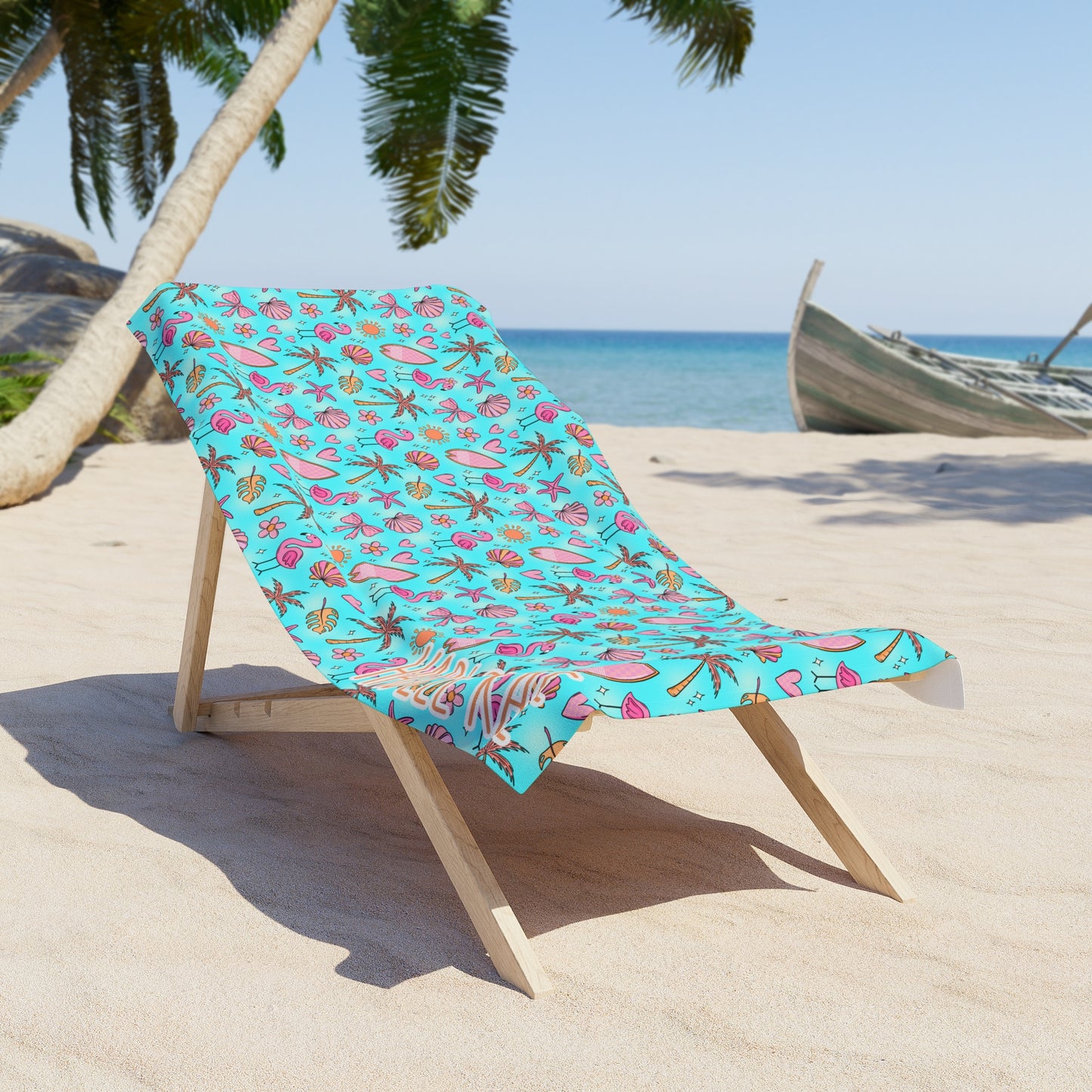 Beach Towel — Tropical Seashell & Palm Pattern (Personalized Name Option)