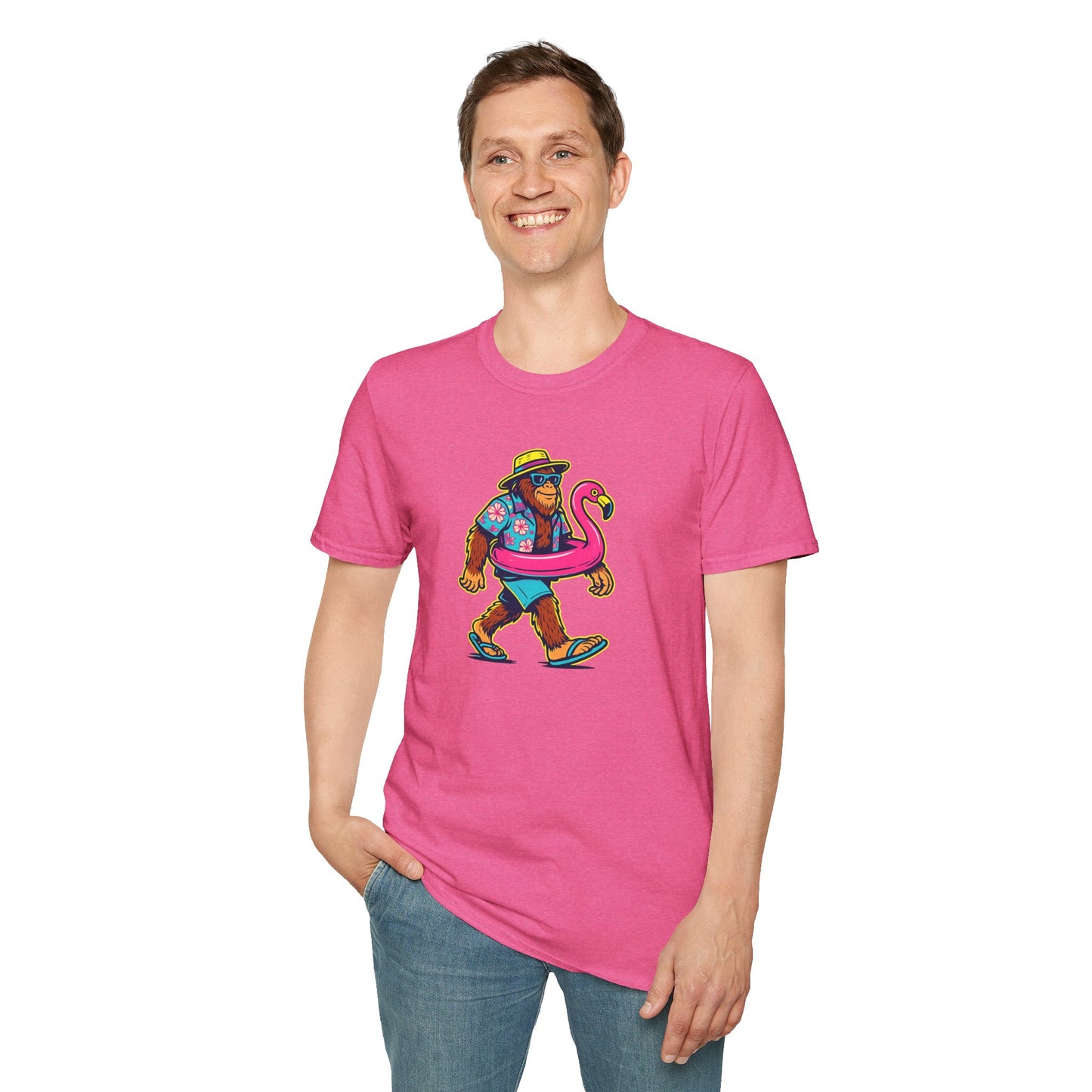 Beach Vacation Bigfoot Tee — Funny Sasquatch with Flamingo Float Shirt