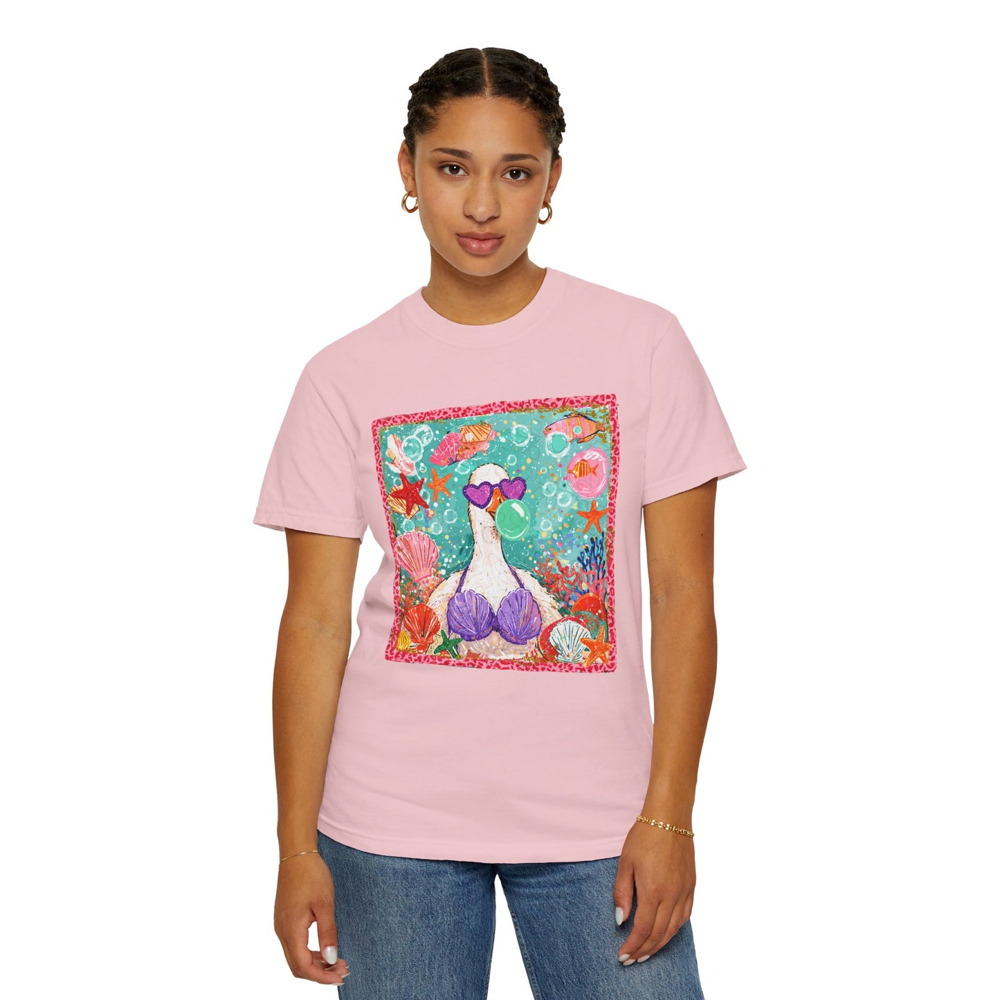 Sea Duck Mermaid T-Shirt — Whimsical Beach Graphic Tee with Sunglasses & Shell Bra