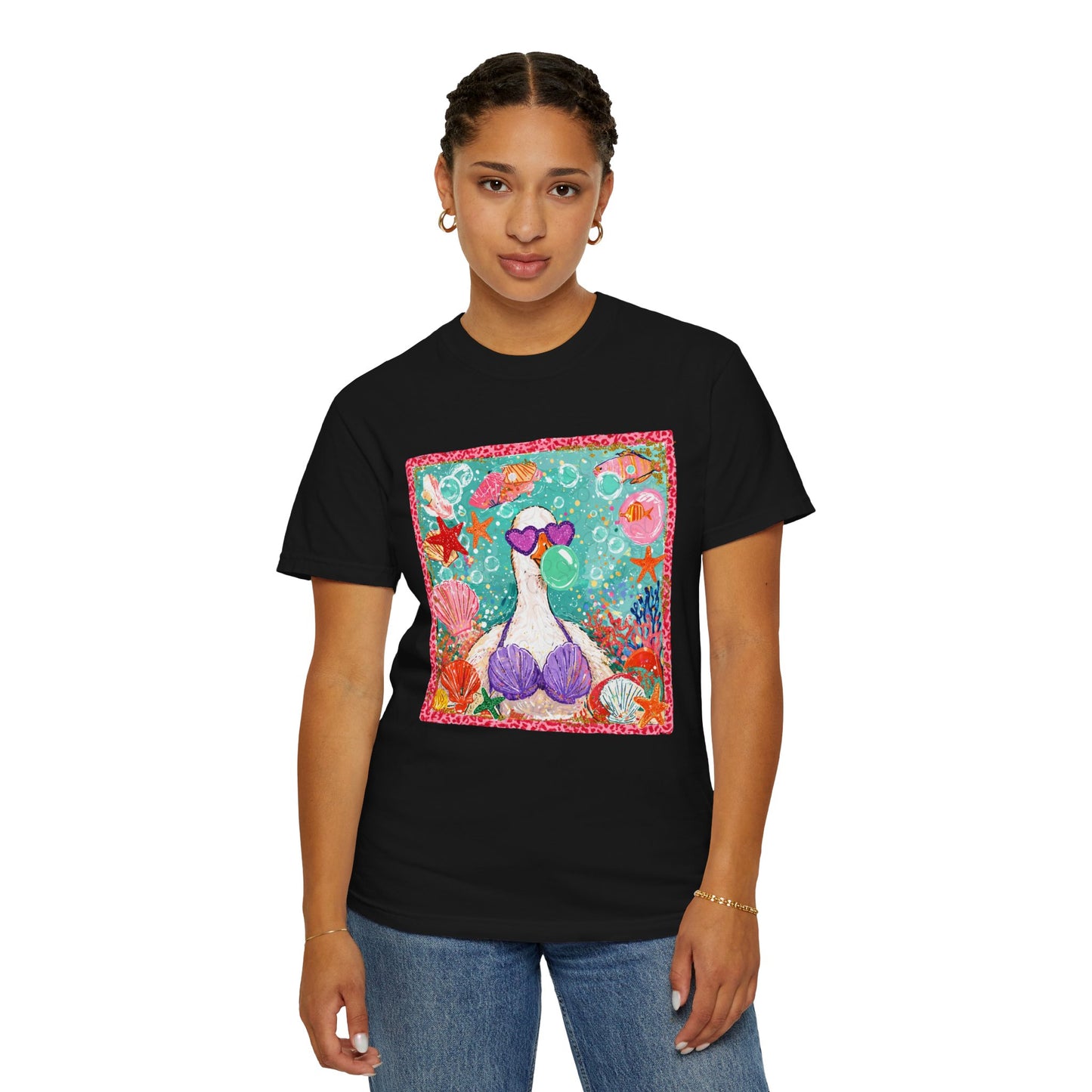 Sea Duck Mermaid T-Shirt — Whimsical Beach Graphic Tee with Sunglasses & Shell Bra