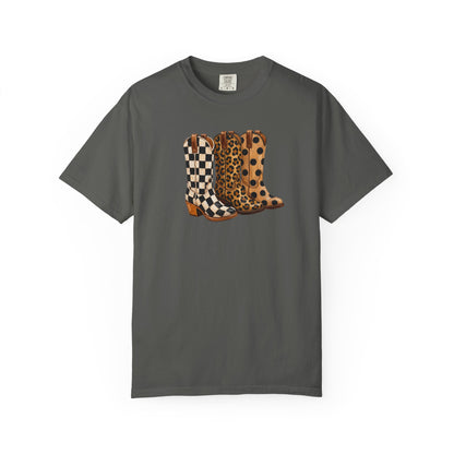 Cowgirl Boots Graphic T-Shirt — Checker & Leopard Print Western Tee