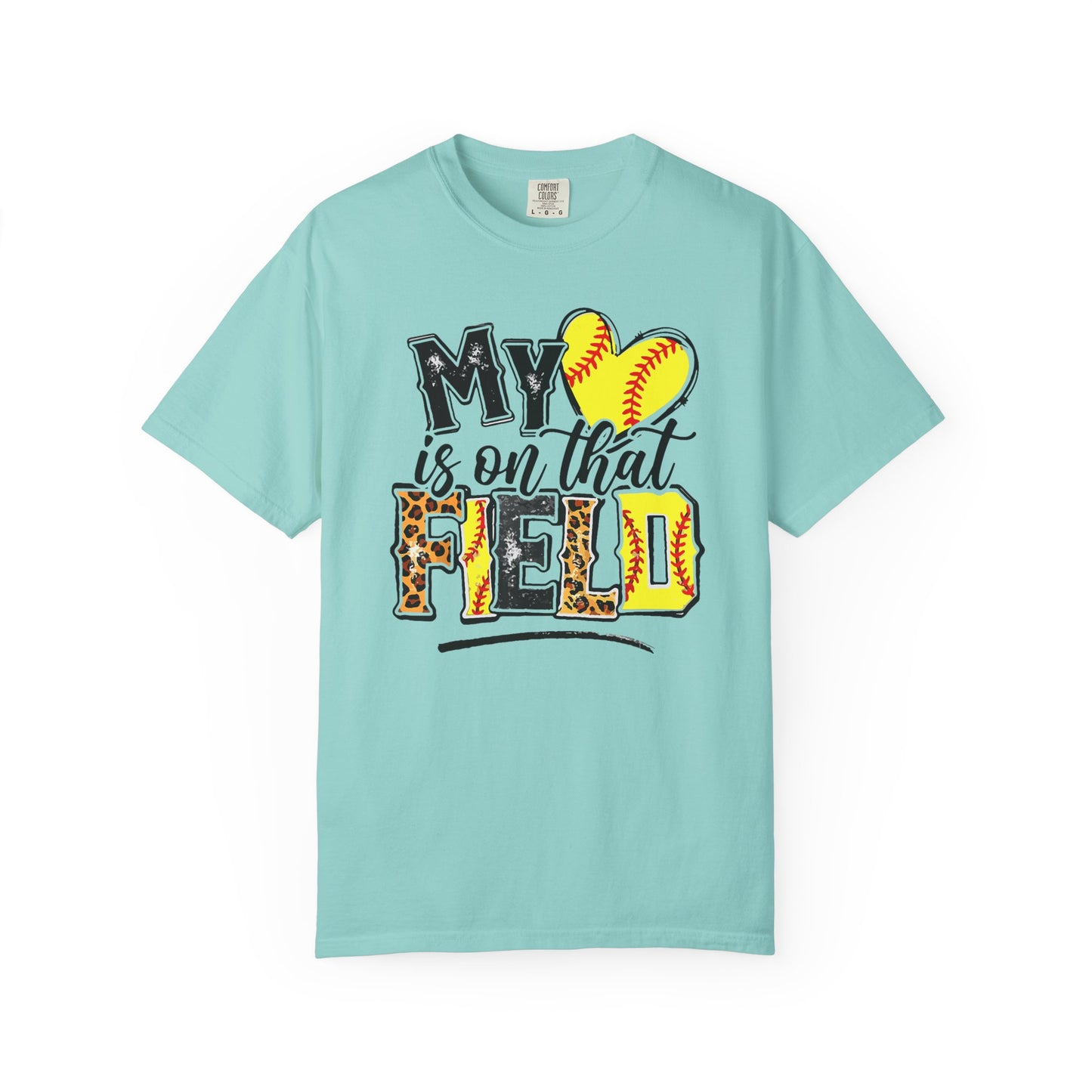 Softball Mom T-Shirt - "My Heart is on That Field" Leopard Stitch Design