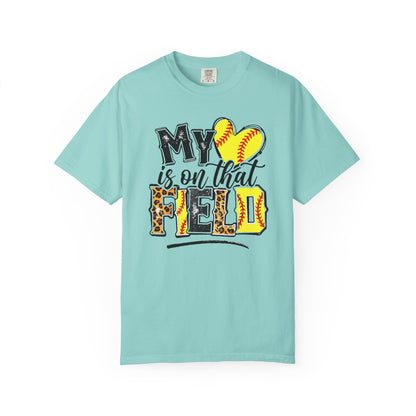 Softball Mom T-Shirt - "My Heart is on That Field" Leopard Stitch Design