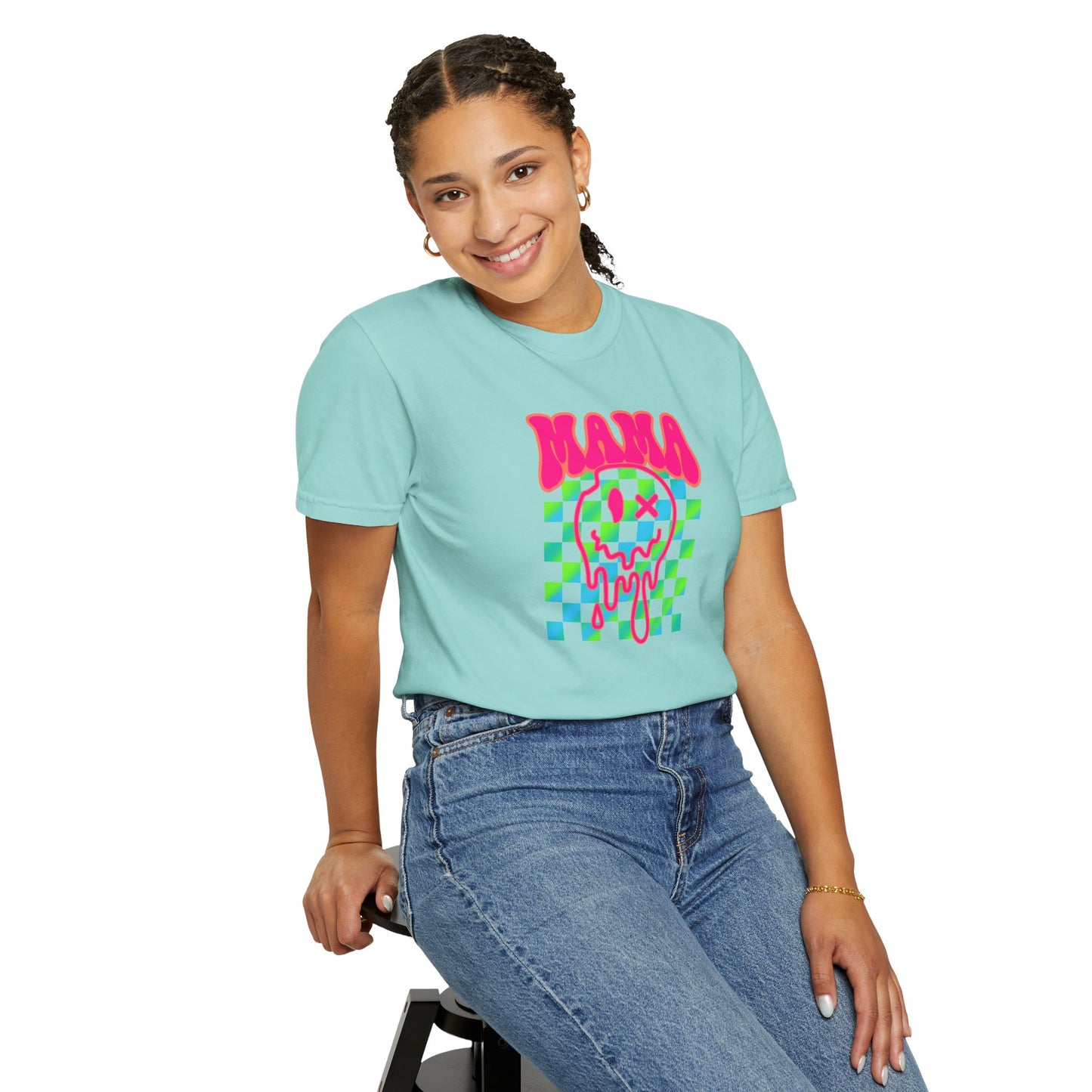 Mama Meltdown Graphic T-Shirt — Neon Checkerboard Drip Design