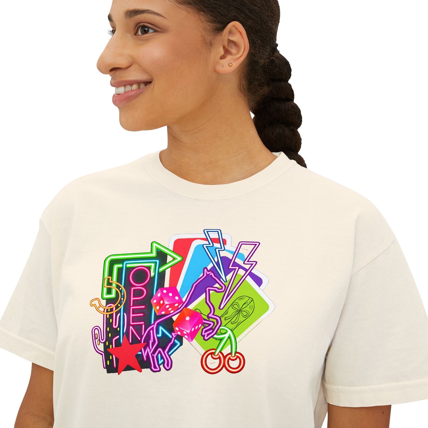 Retro Neon Makeup Graphic Tee — Women's Boxy Tee