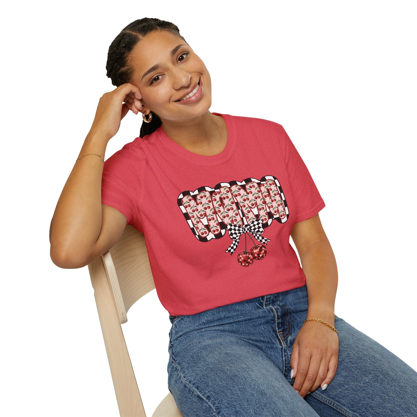 Cherry Pattern Graphic T-Shirt — Checker Bow & Double Cherries Design