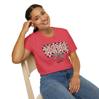 Cherry Pattern Graphic T-Shirt — Checker Bow & Double Cherries Design
