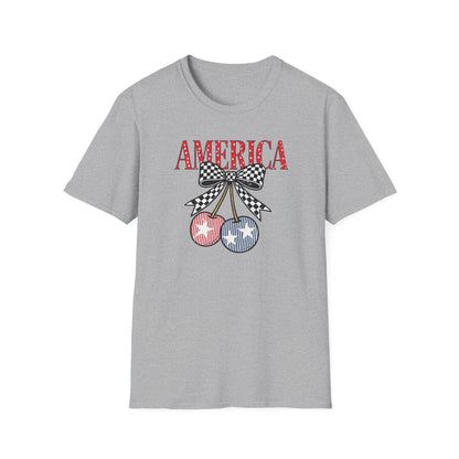 America Cherry Graphic T-Shirt – Patriotic Stars & Stripes Fourth of July Tee
