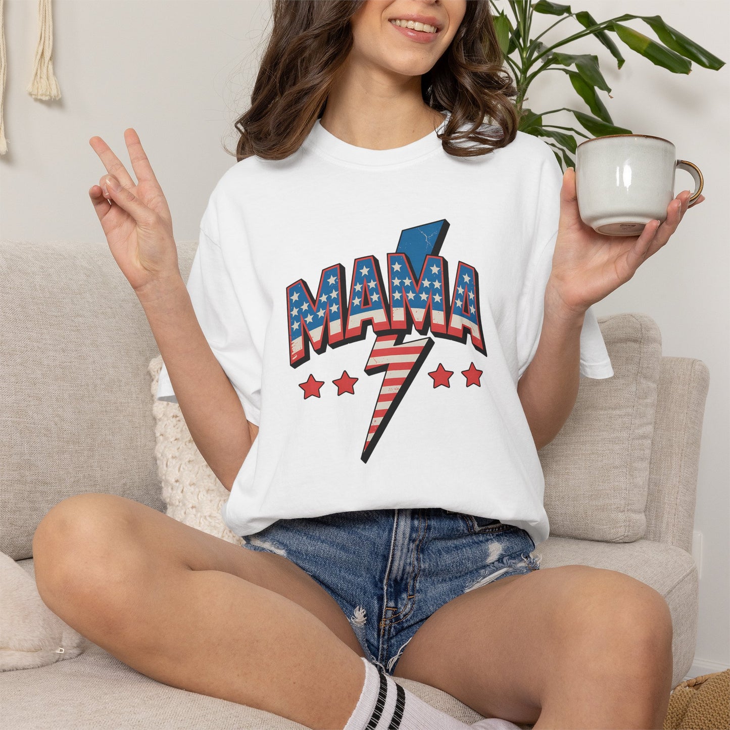 Mama Lightning Bolt Graphic Tee — Patriotic Stars & Stripes Mom T-Shirt