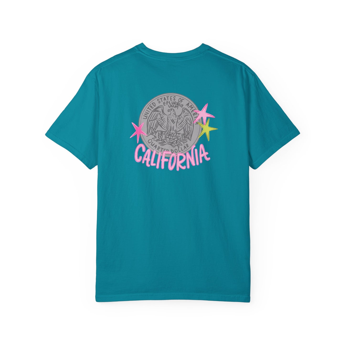 California Coin Graphic Tee — 'California' Retro Neon Stars T-Shirt