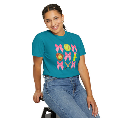 Softball Mom Graphic T‑Shirt — Pink Bows, Glove & Bat Design