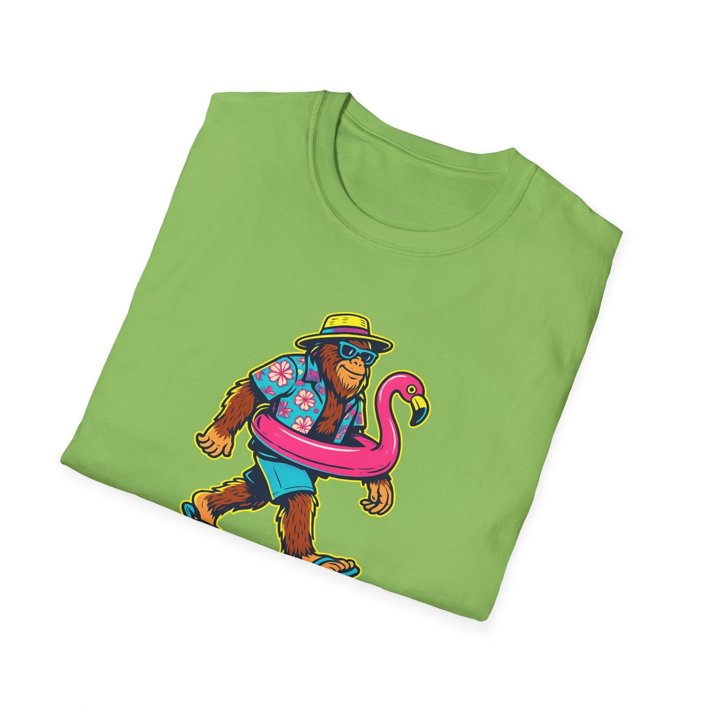 Beach Vacation Bigfoot Tee — Funny Sasquatch with Flamingo Float Shirt