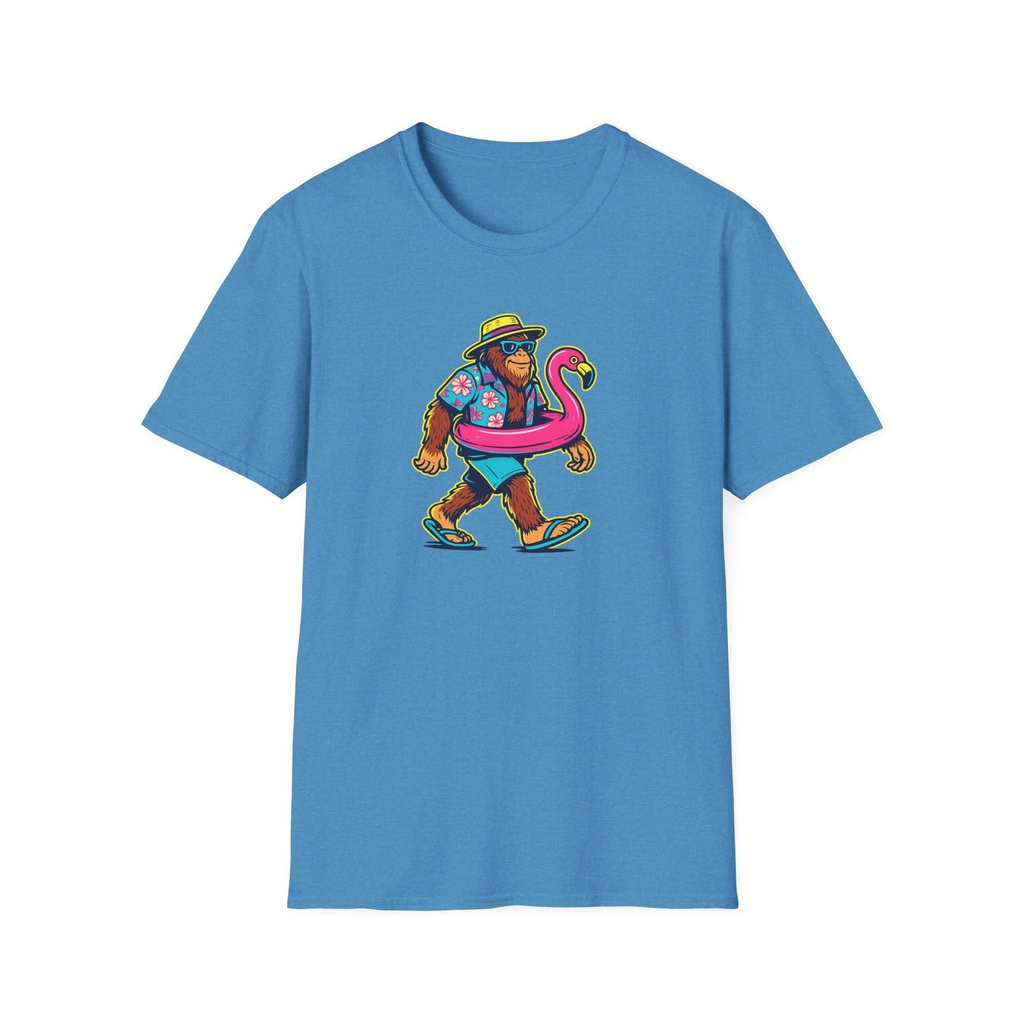 Beach Vacation Bigfoot Tee — Funny Sasquatch with Flamingo Float Shirt