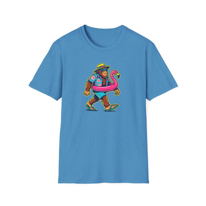 Beach Vacation Bigfoot Tee — Funny Sasquatch with Flamingo Float Shirt