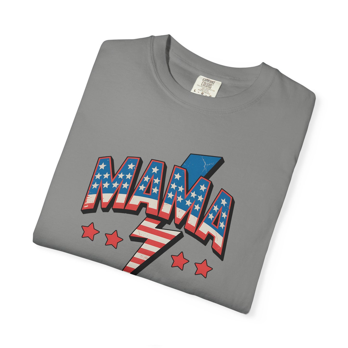 Mama Lightning Bolt Graphic Tee — Patriotic Stars & Stripes Mom T-Shirt