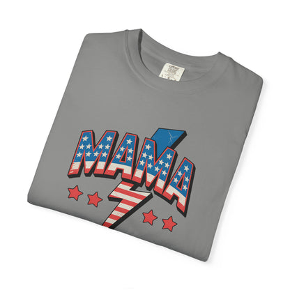 Mama Lightning Bolt Graphic Tee — Patriotic Stars & Stripes Mom T-Shirt