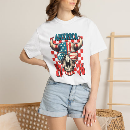 America 1776 Bull Skull T-Shirt — Patriotic Flag Graphic Tee for 4th of July