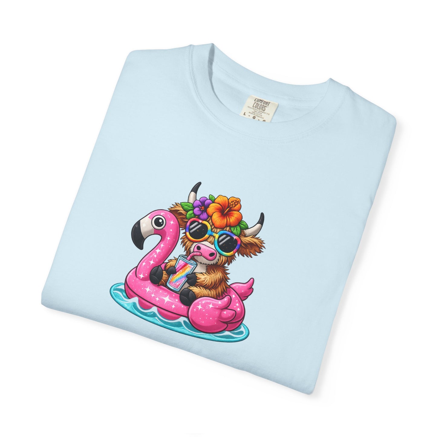 Cute cow on Pink Flamingo Float Graphic T-Shirt — Summer Pool Party Tee