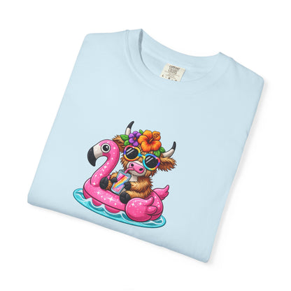 Cute cow on Pink Flamingo Float Graphic T-Shirt — Summer Pool Party Tee