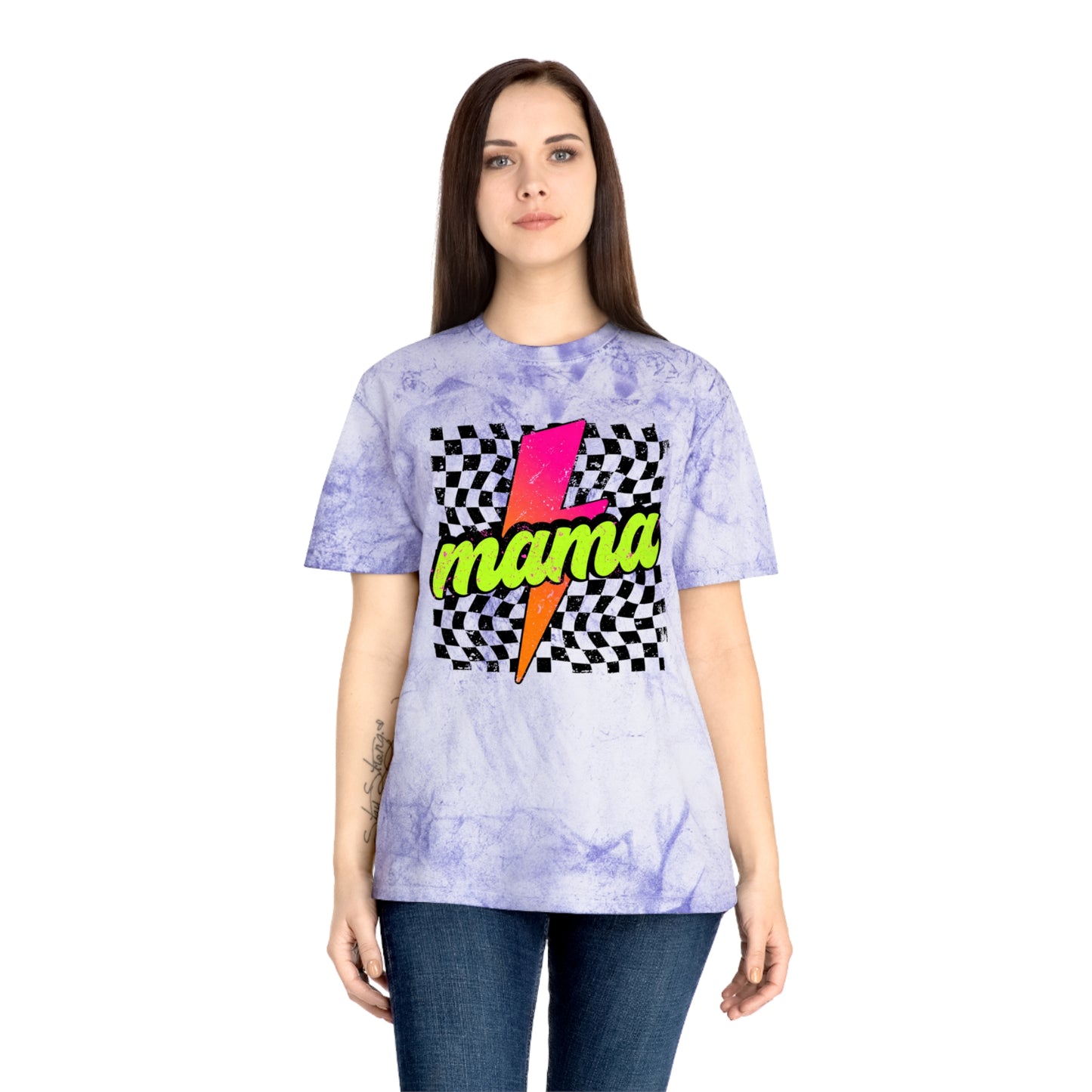 Mama Lightning Bolt T-Shirt — Retro Neon Checkered Graphic Tee