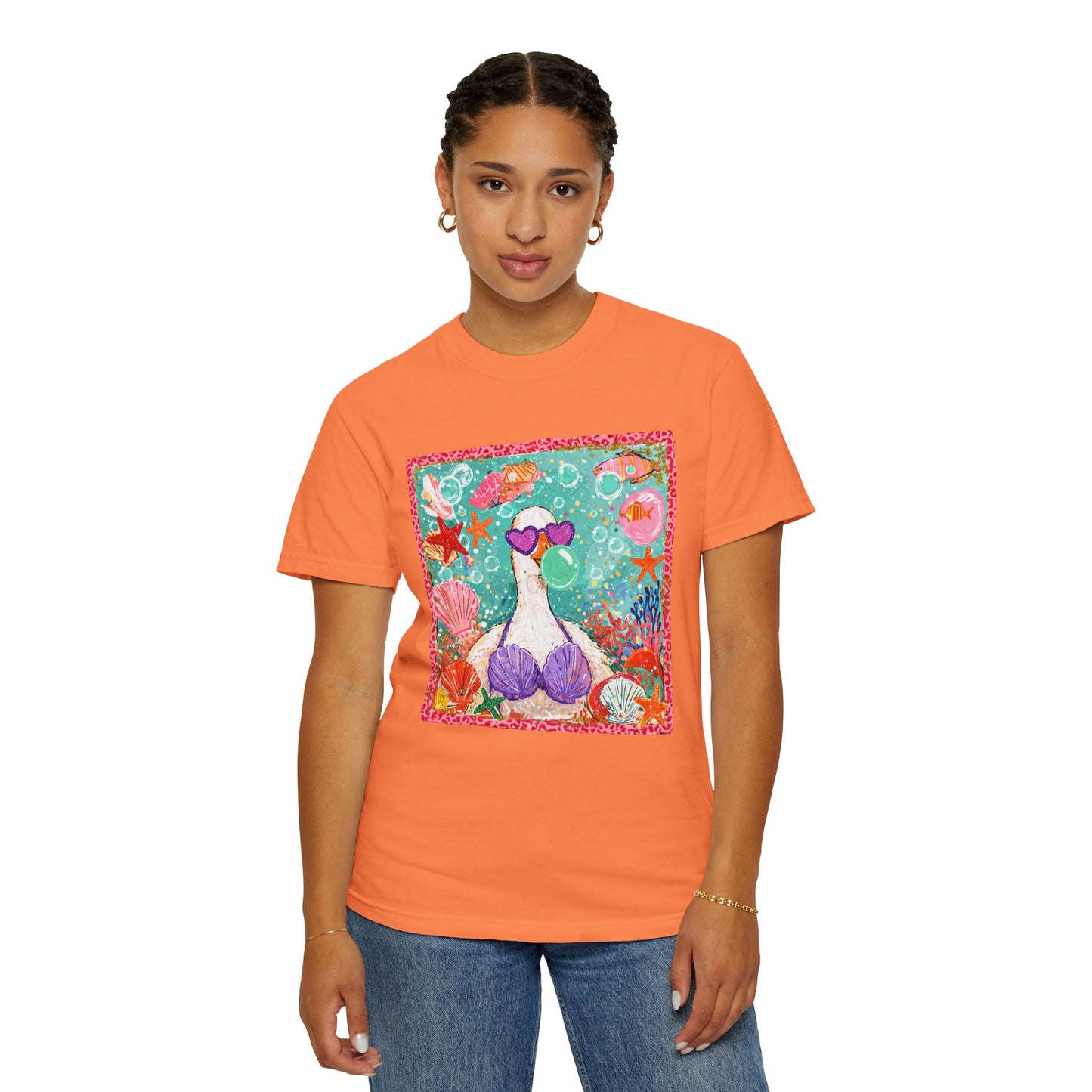 Sea Duck Mermaid T-Shirt — Whimsical Beach Graphic Tee with Sunglasses & Shell Bra