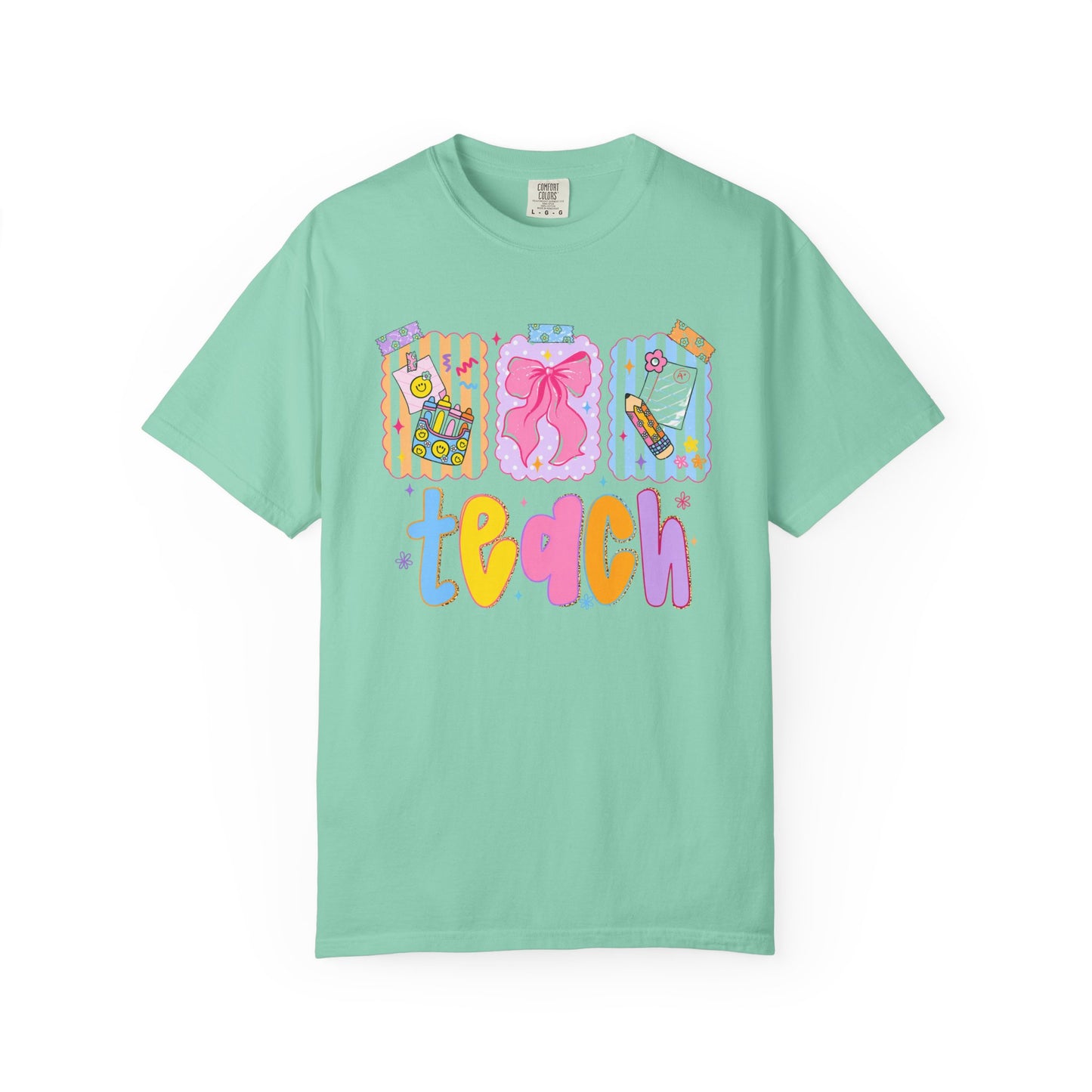 Teacher Gift T‑Shirt — Colorful 'Teach' Classroom Apple & Supplies Design