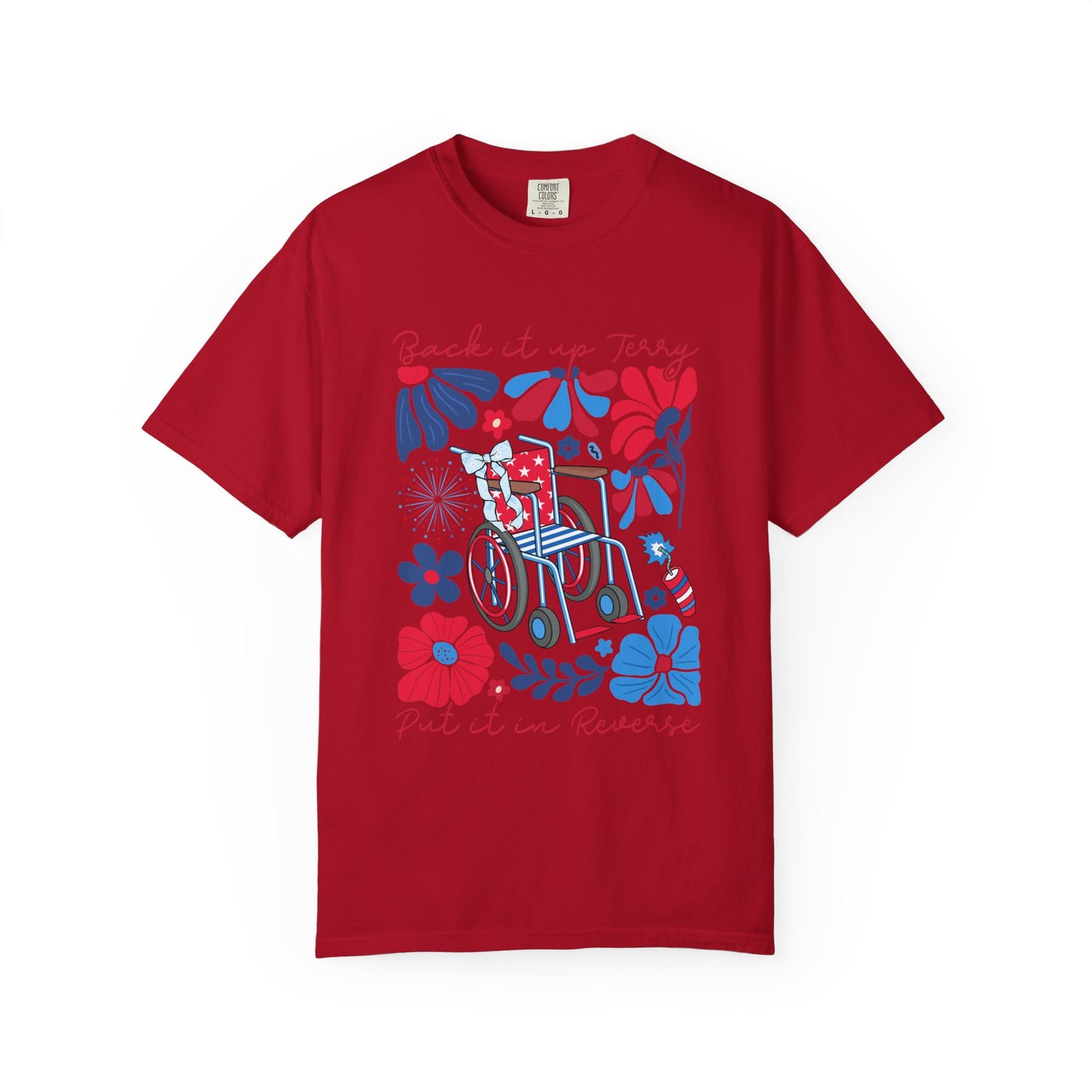 Fourth of July Beach Wheelchair T-Shirt — Patriotic Floral "Pack it up, Jerry" Tee