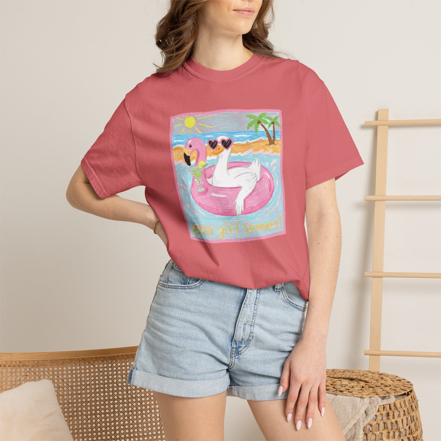 Summer Flamingo Pool Float T-Shirt – ‘Good Vibes & Sunshine’ Beach Tee