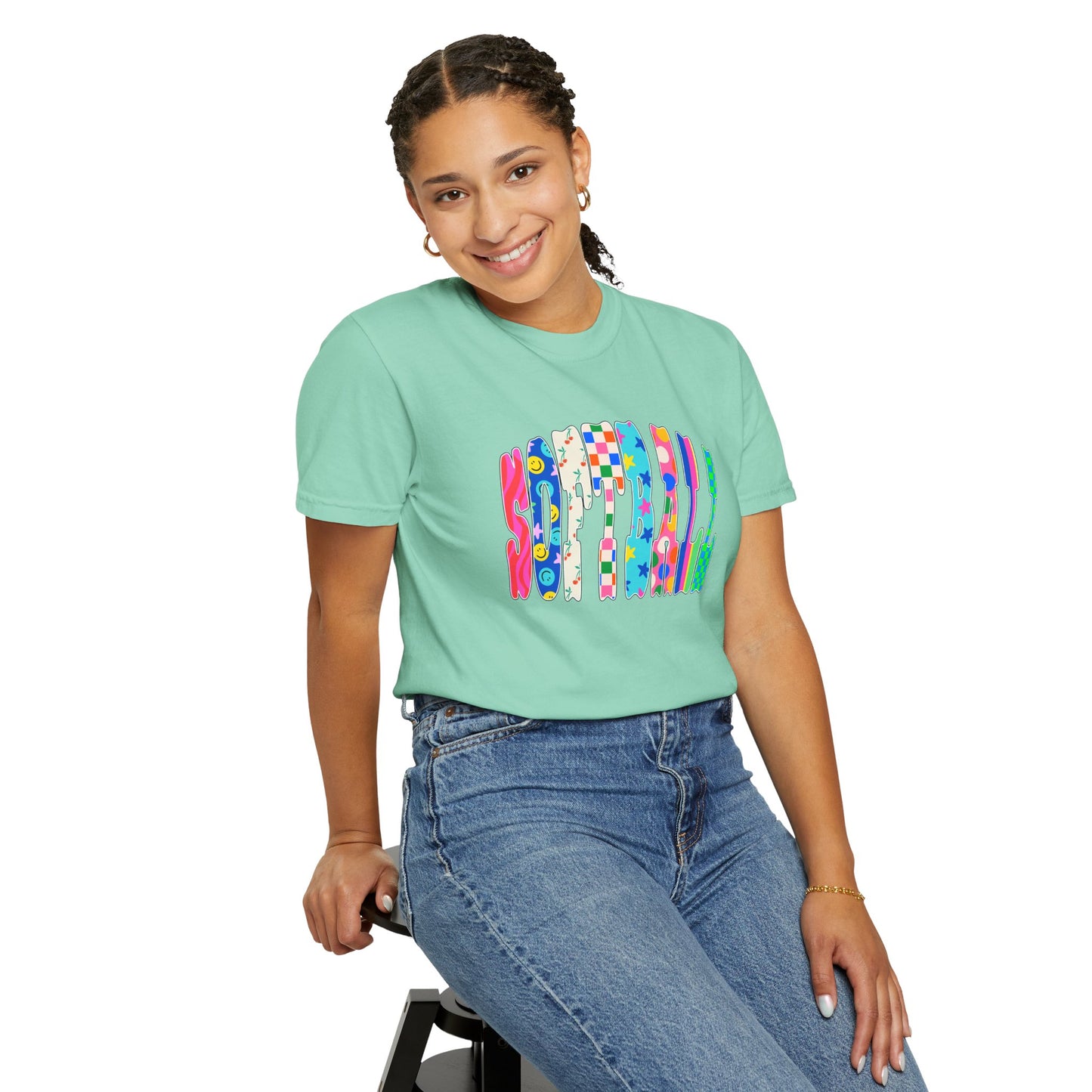 Smile Block Graphic T-Shirt — Colorful Patterned 'SMILE' Design