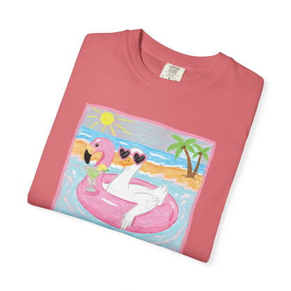 Summer Flamingo Pool Float T-Shirt – ‘Good Vibes & Sunshine’ Beach Tee