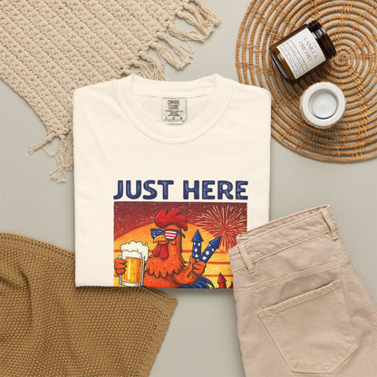 T-Shirt — "Just Here to Bang" Rooster Liberty BBQ Graphic Tee