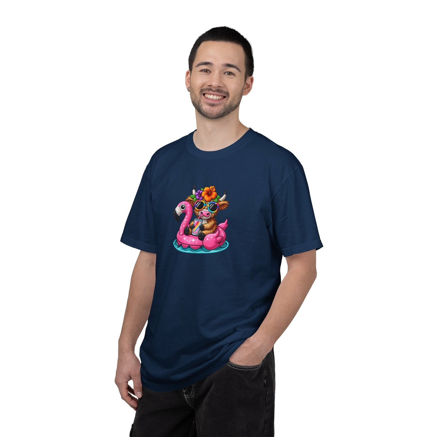 Cute cow on Pink Flamingo Float Graphic T-Shirt — Summer Pool Party Tee