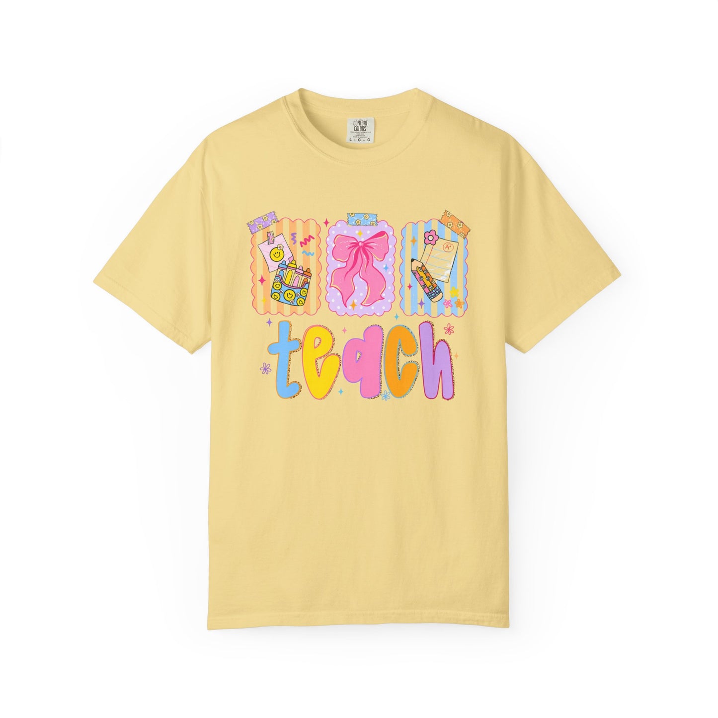 Teacher Gift T‑Shirt — Colorful 'Teach' Classroom Apple & Supplies Design