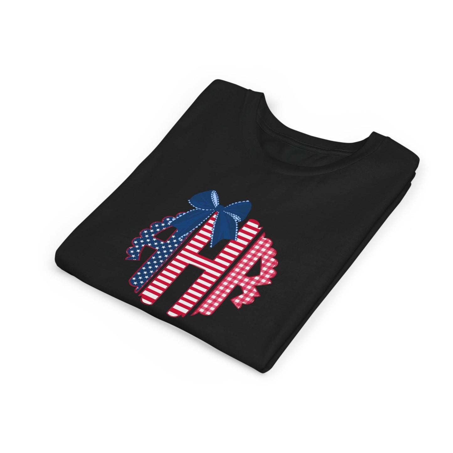 Youth Tee - American Flag Monogram with Bow (Patriotic 4th of July)