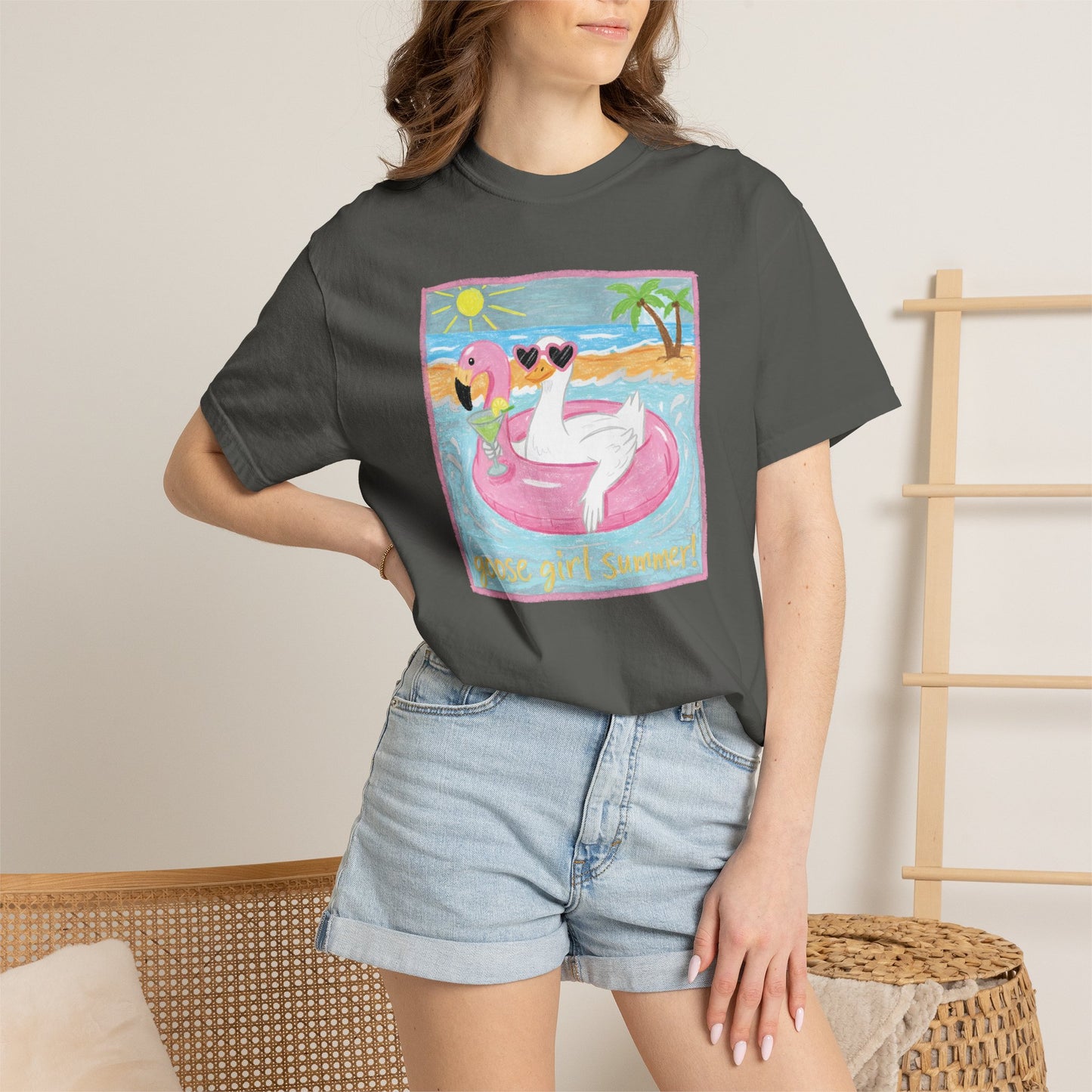 Summer Flamingo Pool Float T-Shirt – ‘Good Vibes & Sunshine’ Beach Tee