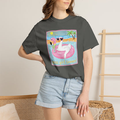 Summer Flamingo Pool Float T-Shirt – ‘Good Vibes & Sunshine’ Beach Tee