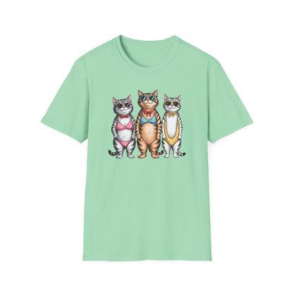 Funny Cats in Bathing Suits T-Shirt — Retro Trio Cat Beach Tee