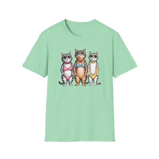 Funny Cats in Bathing Suits T-Shirt — Retro Trio Cat Beach Tee