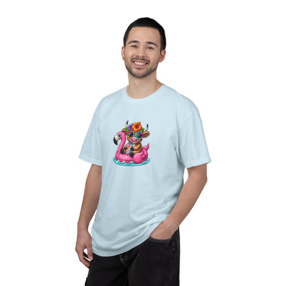 Cute cow on Pink Flamingo Float Graphic T-Shirt — Summer Pool Party Tee