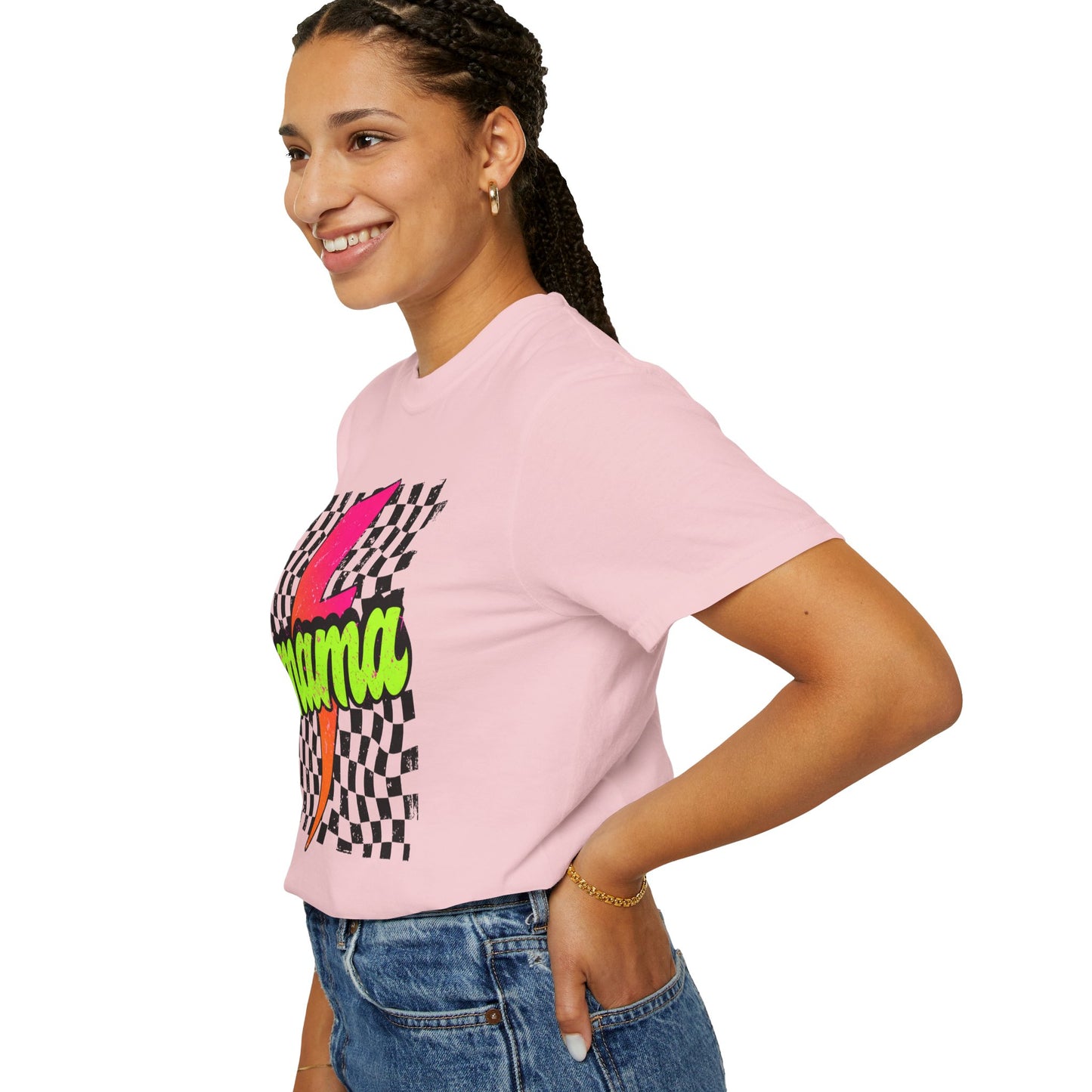 Mama Lightning Bolt T-Shirt — Retro Neon Checkered Graphic Tee for Moms