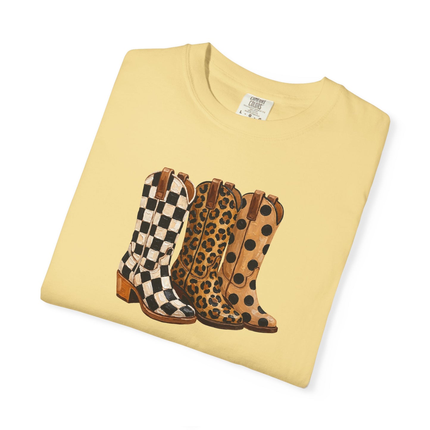 Cowgirl Boots Graphic T-Shirt — Checker & Leopard Print Western Tee