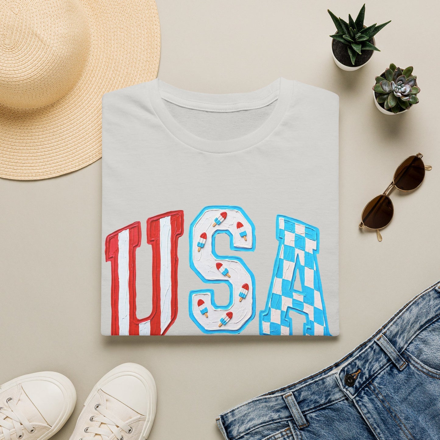 USA Patriotic T-Shirt — Red White & Blue Lettering Tee