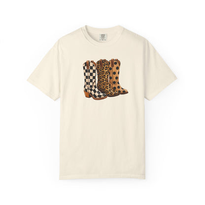 Cowgirl Boots Graphic T-Shirt — Checker & Leopard Print Western Tee