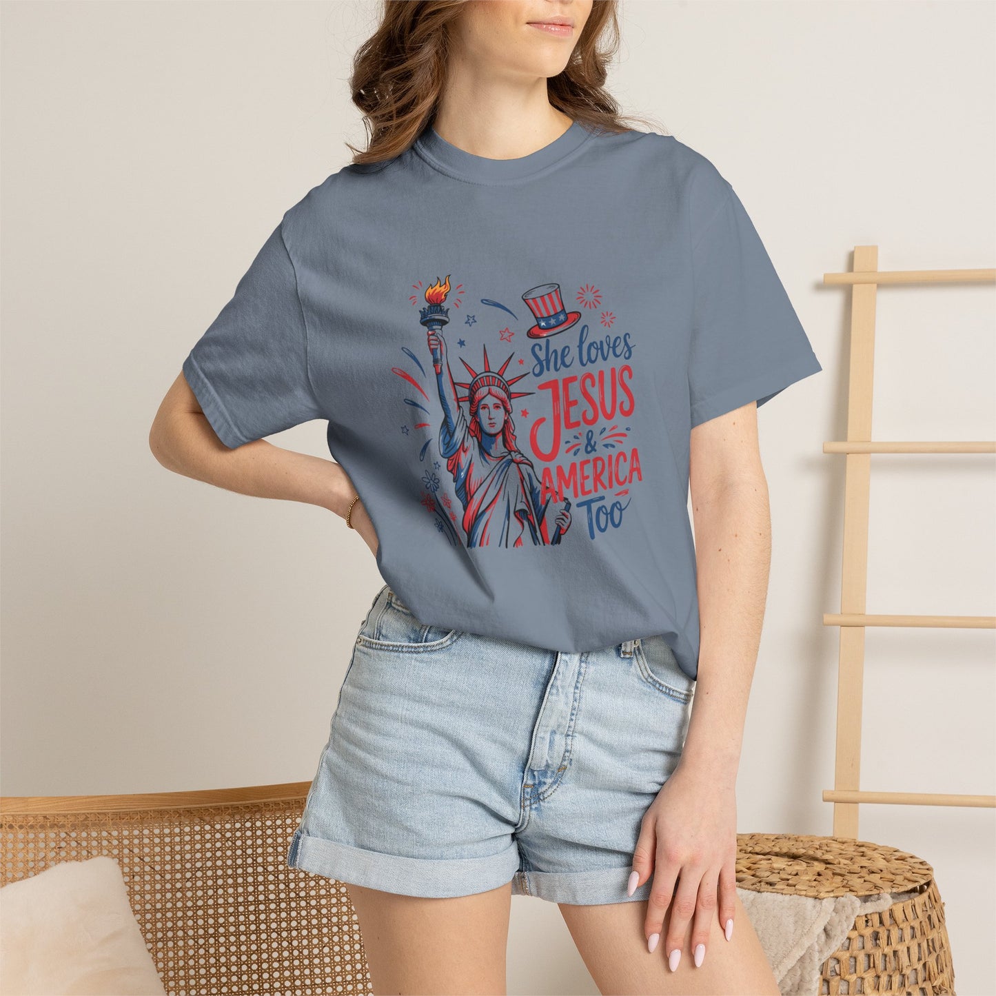 She Loves Jesus & America Tee — Patriotic Statue of Liberty Christian T-Shirt